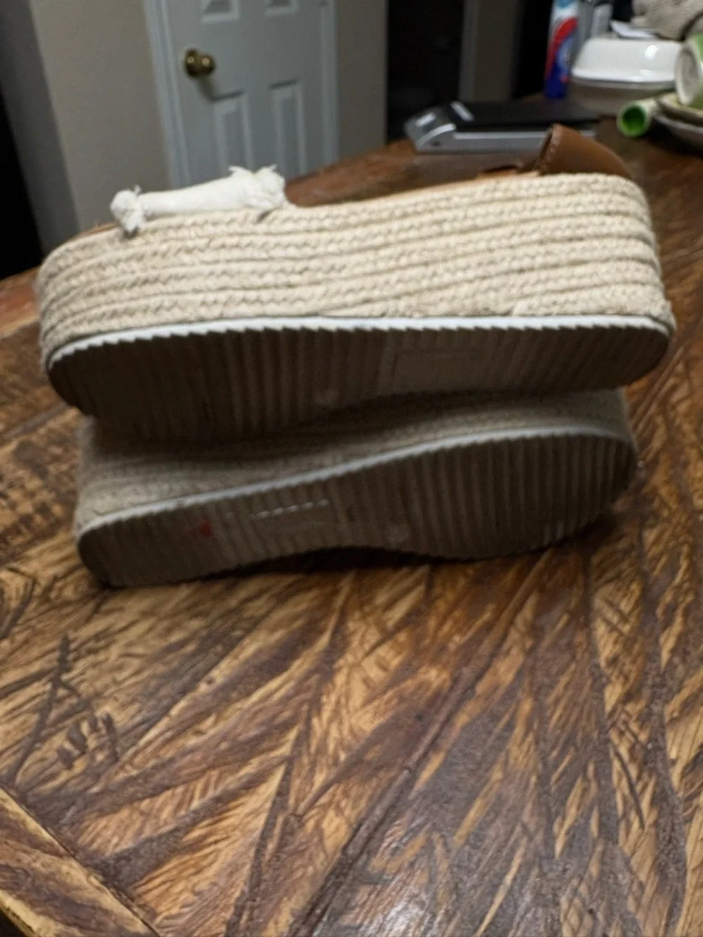 Brash Beige Tessa Canvas Espadrille Wedge Sandals with Brown Ankle Strap Size 7